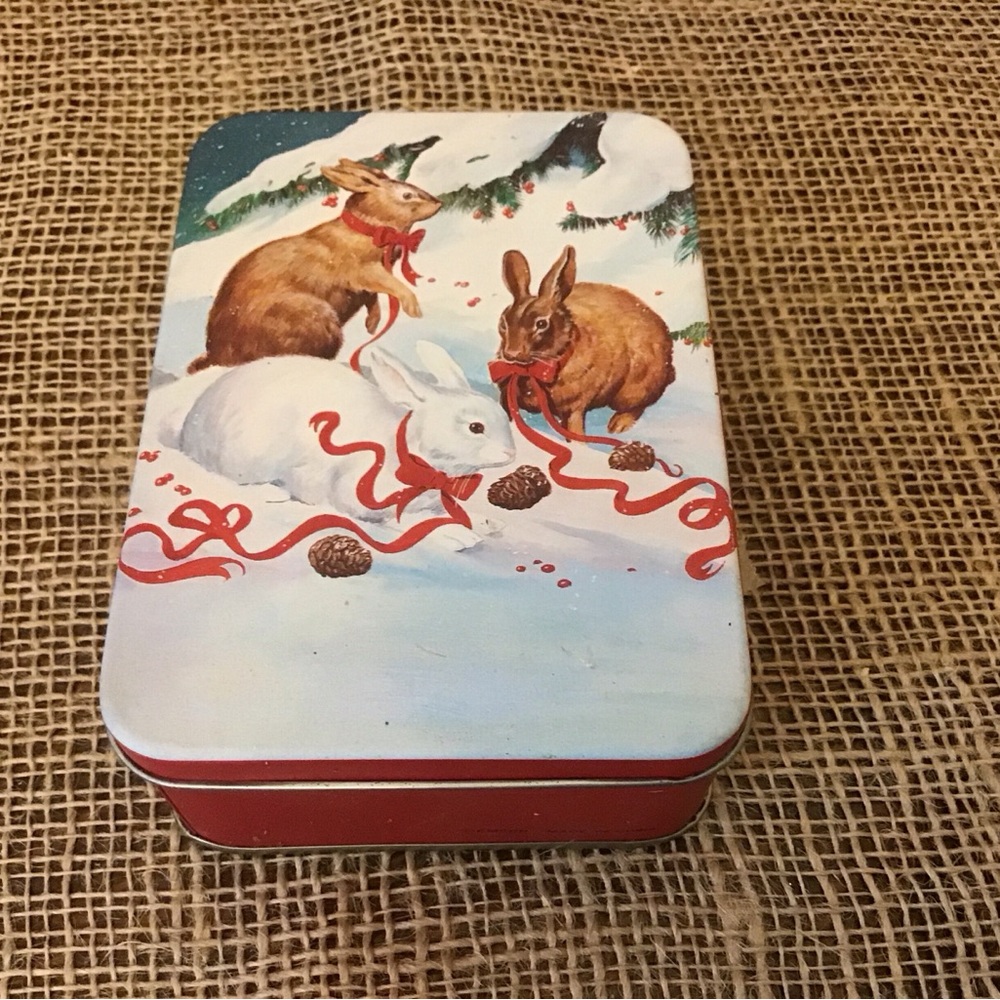 Vintage Emson Bunnies Playing in the Snow Tin